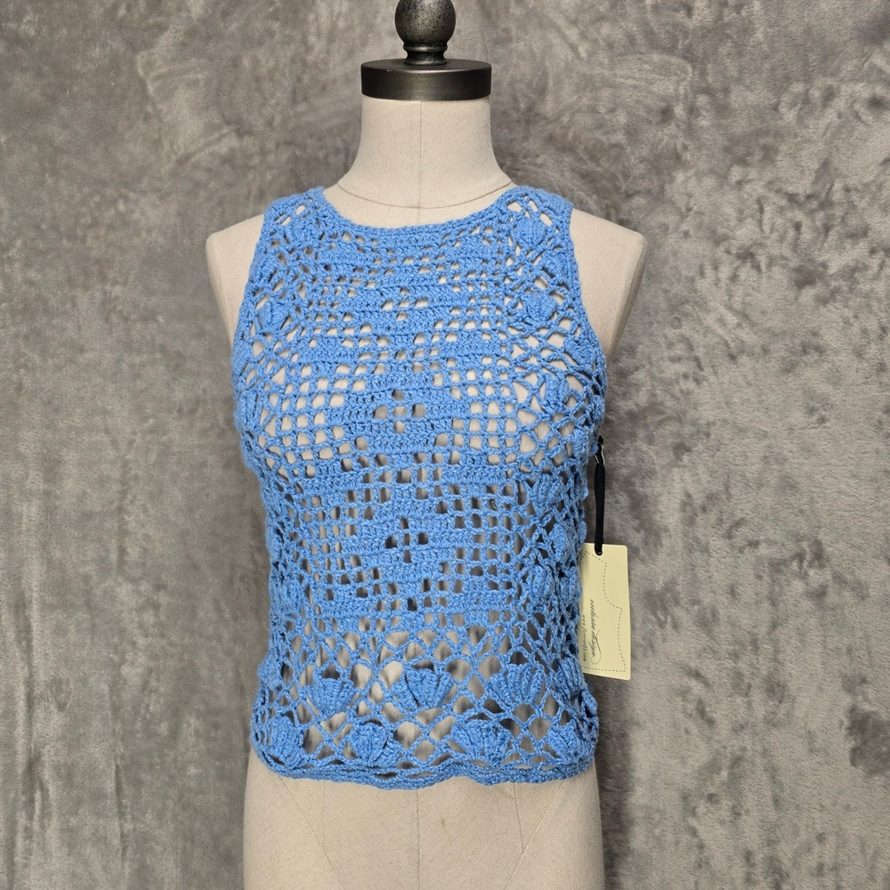 Forever21 Crochet Tank Top Women L Light Blue Cotton Linen Knit Boho Coastal Y2K